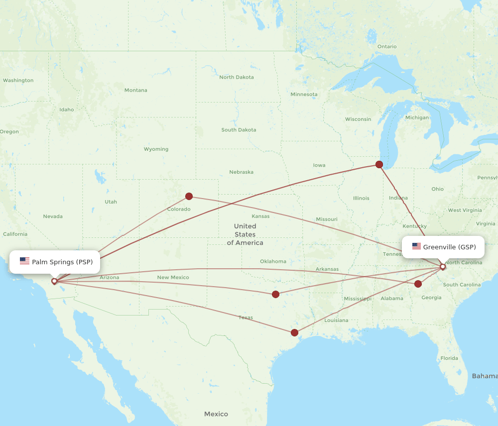 All flight routes from Greenville to Palm Springs, GSP to PSP Flight Routes