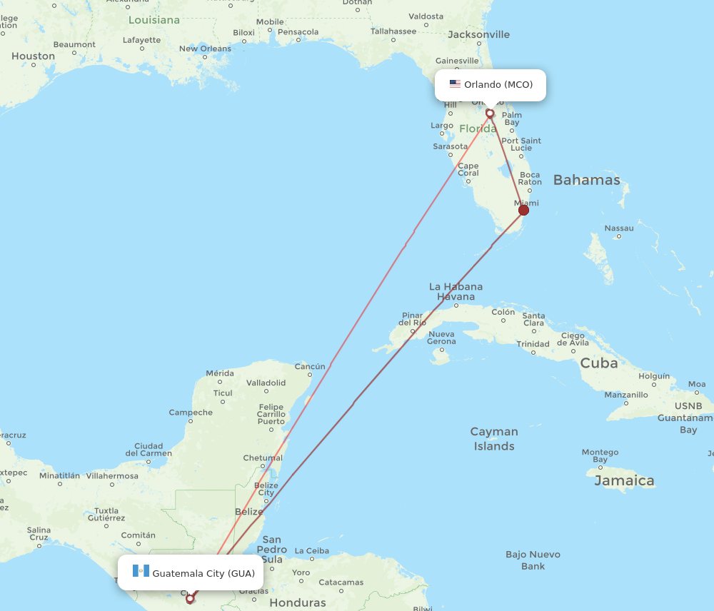 GUA to MCO flights and routes map