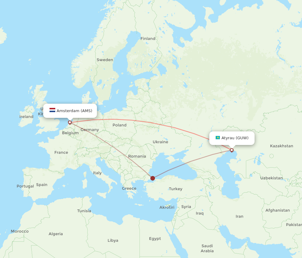 Flights from Atyrau to Amsterdam GUW to AMS Flight Routes