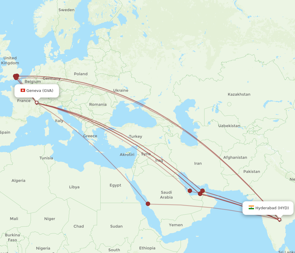 All flight routes from Geneva to Hyderabad, GVA to HYD - Flight Routes