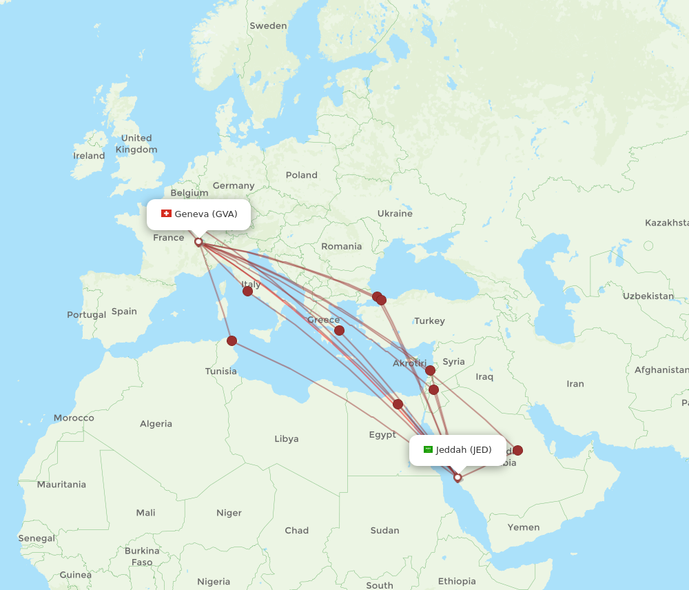 GVA to JED flights and routes map