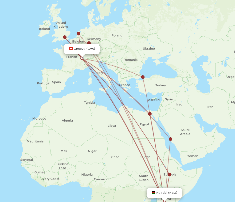 All flight routes from Geneva to Nairobi, GVA to NBO Flight Routes