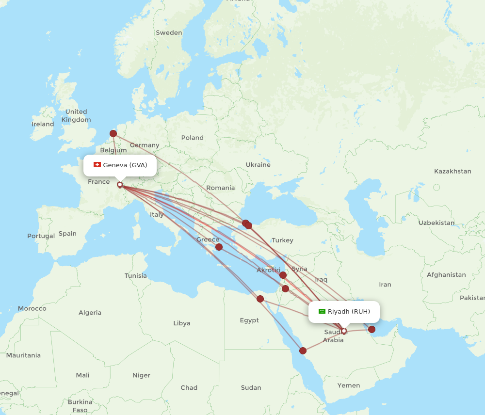 GVA to RUH flights and routes map