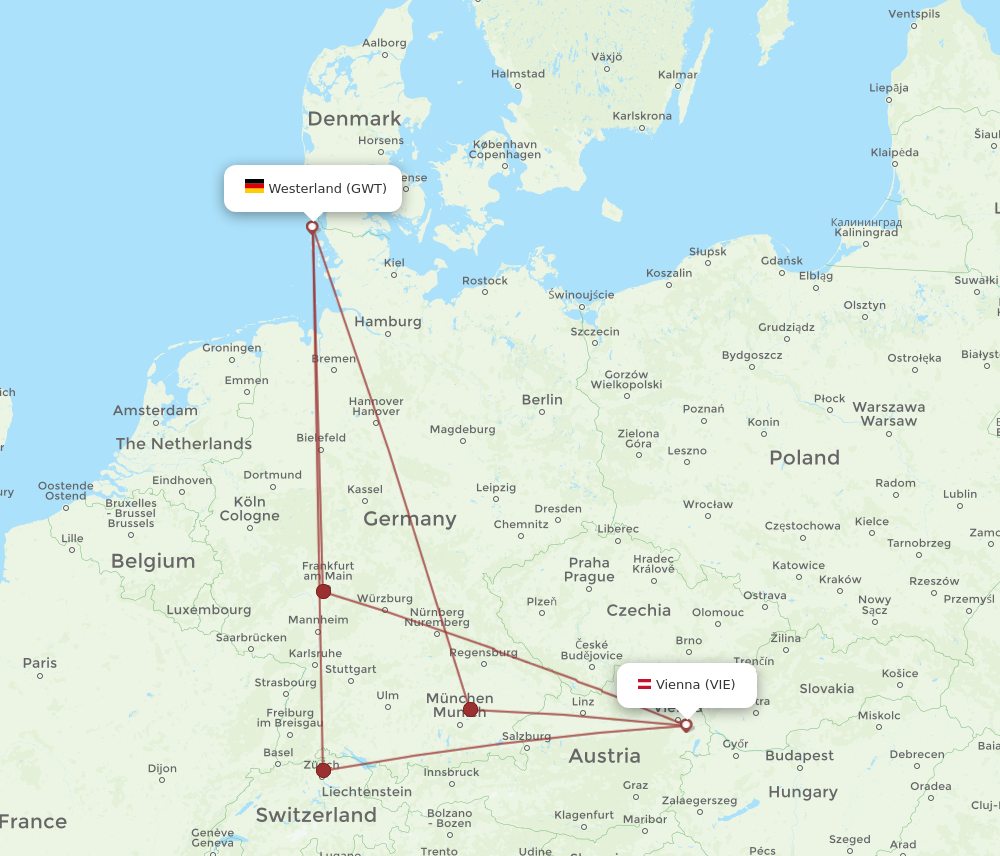 All flight routes from Westerland to Vienna, GWT to VIE - Flight Routes