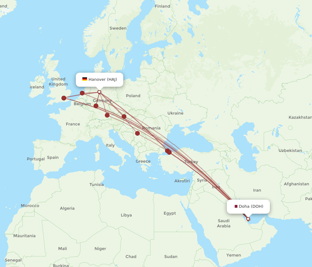 HAJ to DOH flights and routes map