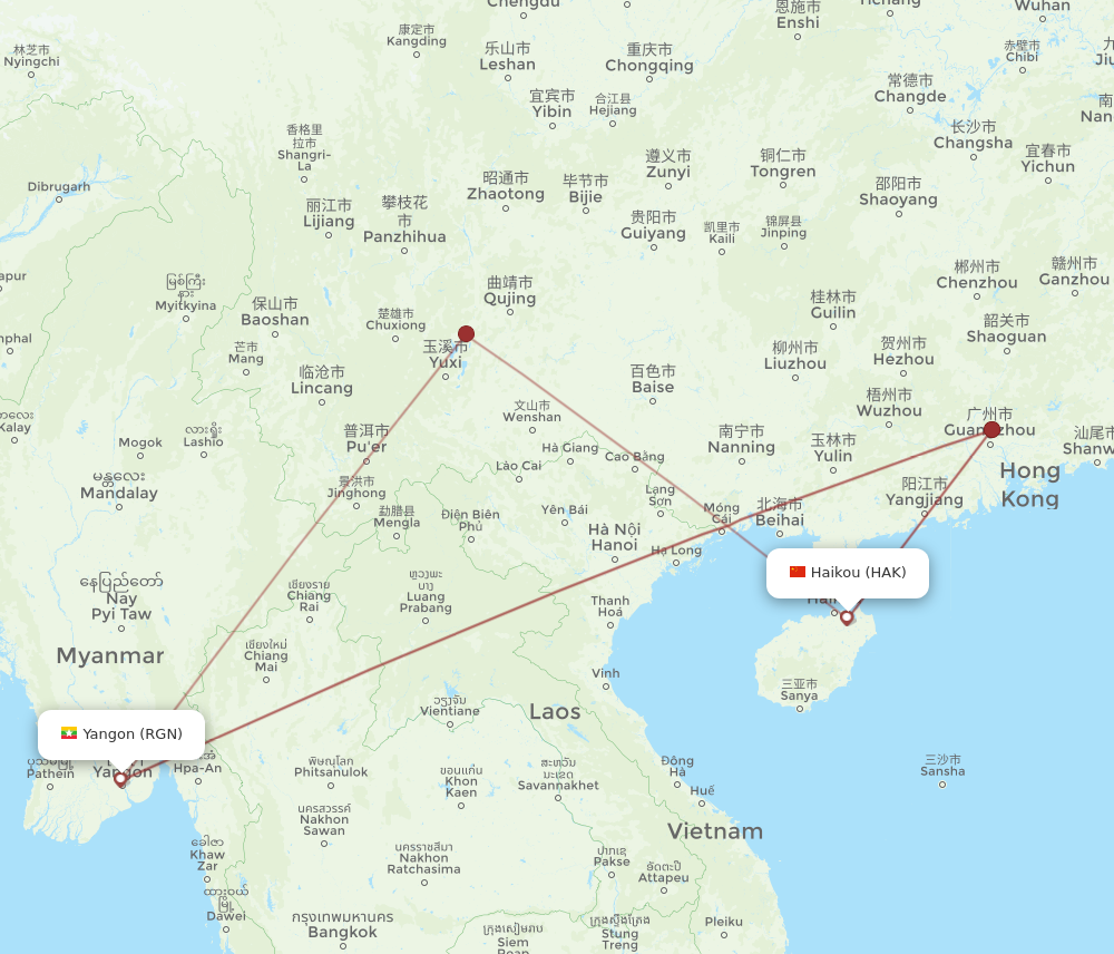 All flight routes from Haikou to Yangon, HAK to RGN - Flight Routes