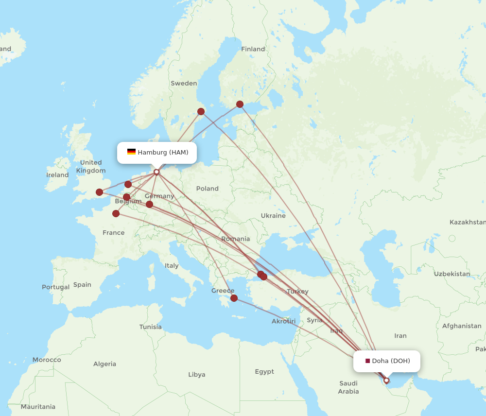 HAM to DOH flights and routes map