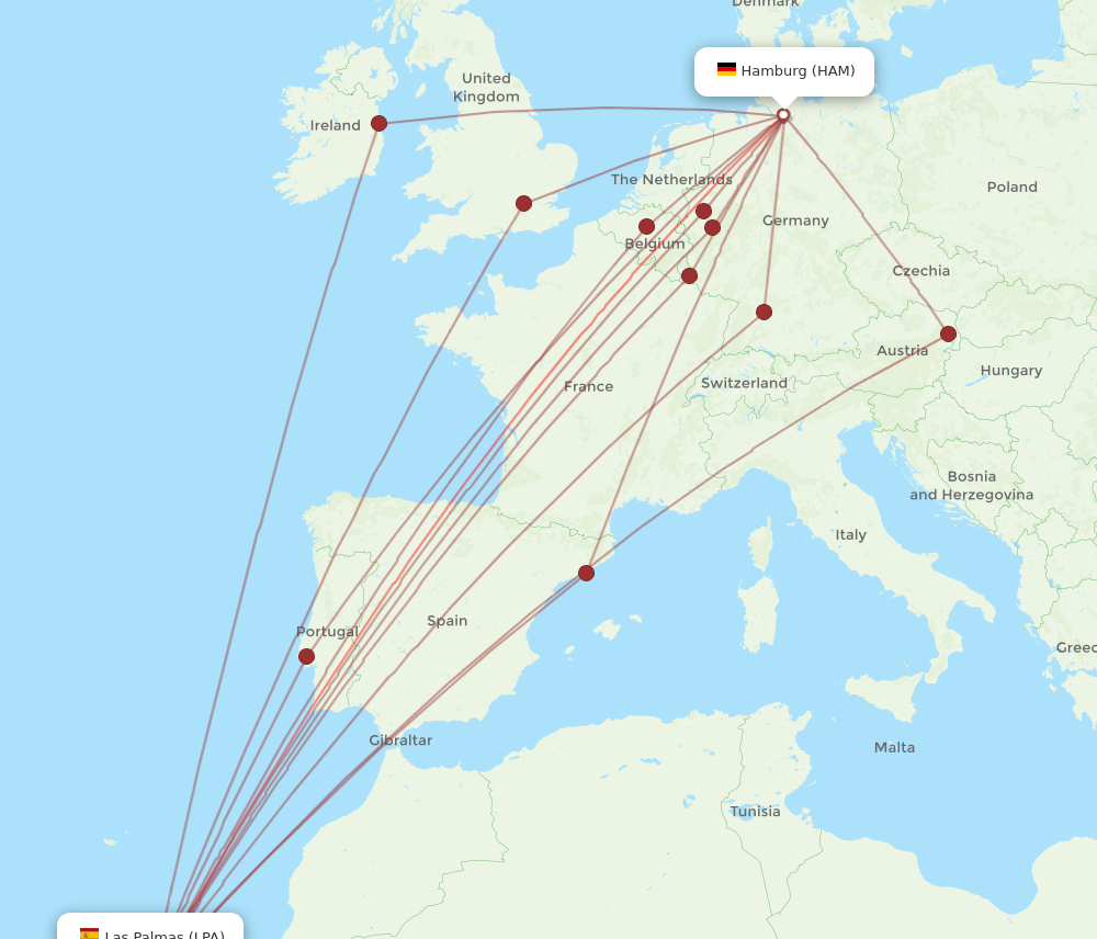 All flight routes from Hamburg to Las Palmas, HAM to LPA - Flight Routes