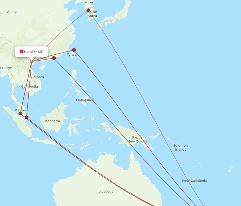 All flight routes from Hanoi to Auckland, HAN to AKL - Flight Routes