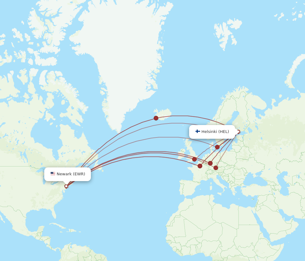 All flight routes from Helsinki to New York, HEL to EWR Flight Routes