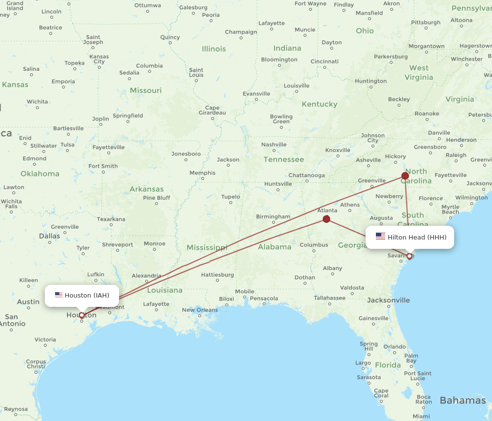 Flights from Hilton Head to Houston HHH to IAH Flight Routes