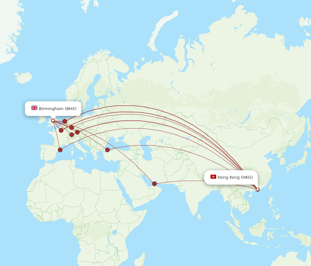 HKG to BHX flights and routes map