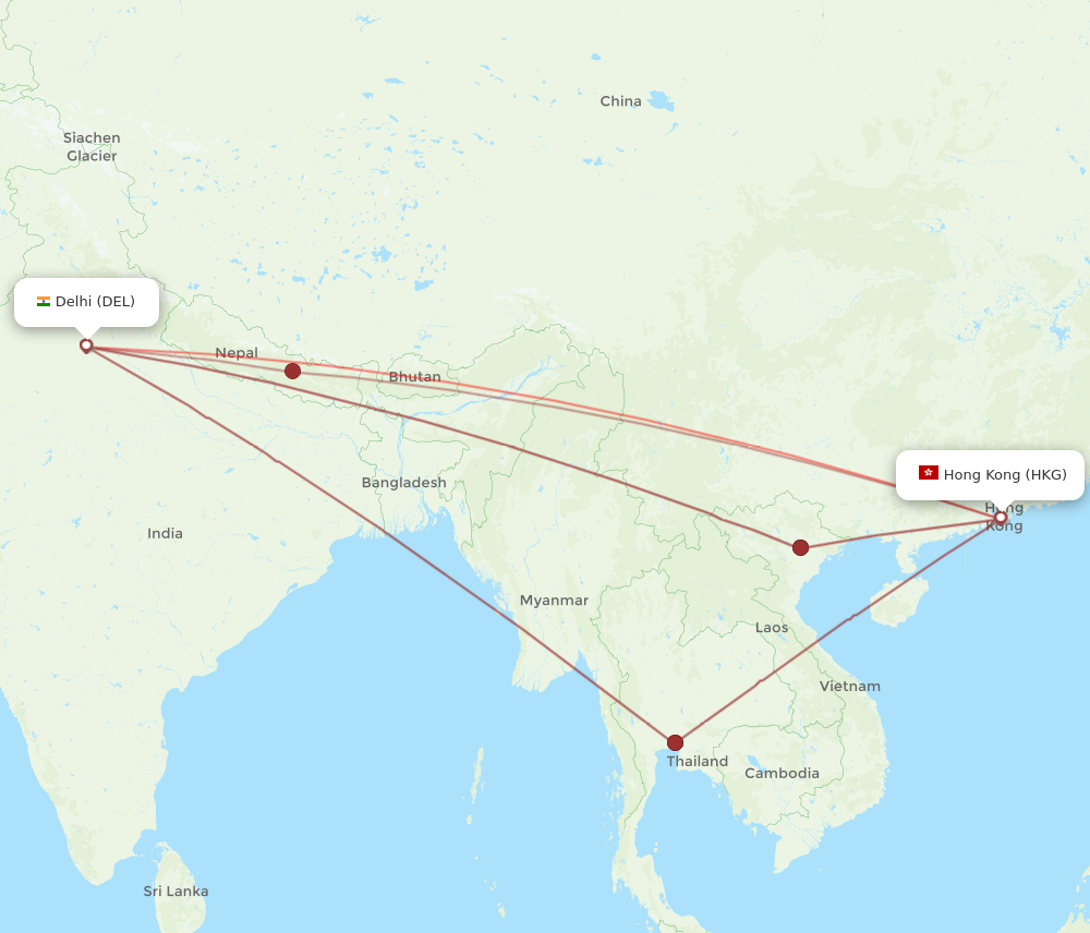 All flight routes from Hong Kong to Delhi, HKG to DEL - Flight Routes