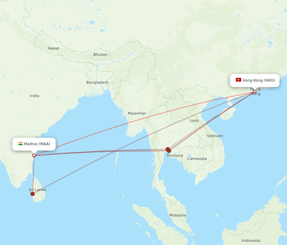 All flight routes from Hong Kong to Chennai, HKG to MAA - Flight Routes