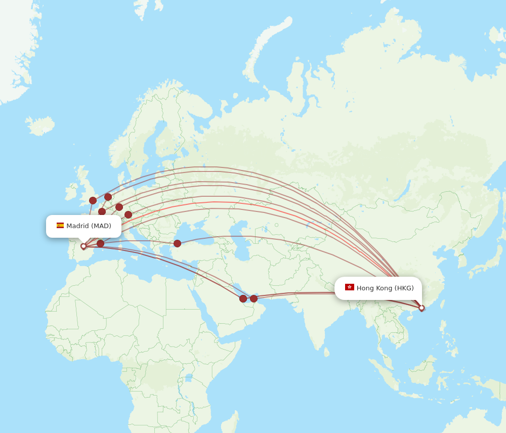 All flight routes from Hong Kong to Madrid, HKG to MAD - Flight Routes