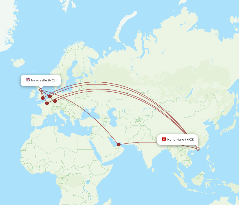 HKG to NCL flights and routes map