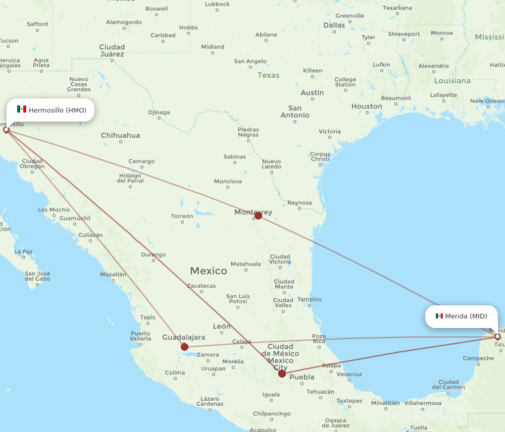 All flight routes from Hermosillo to Merida, HMO to MID - Flight Routes