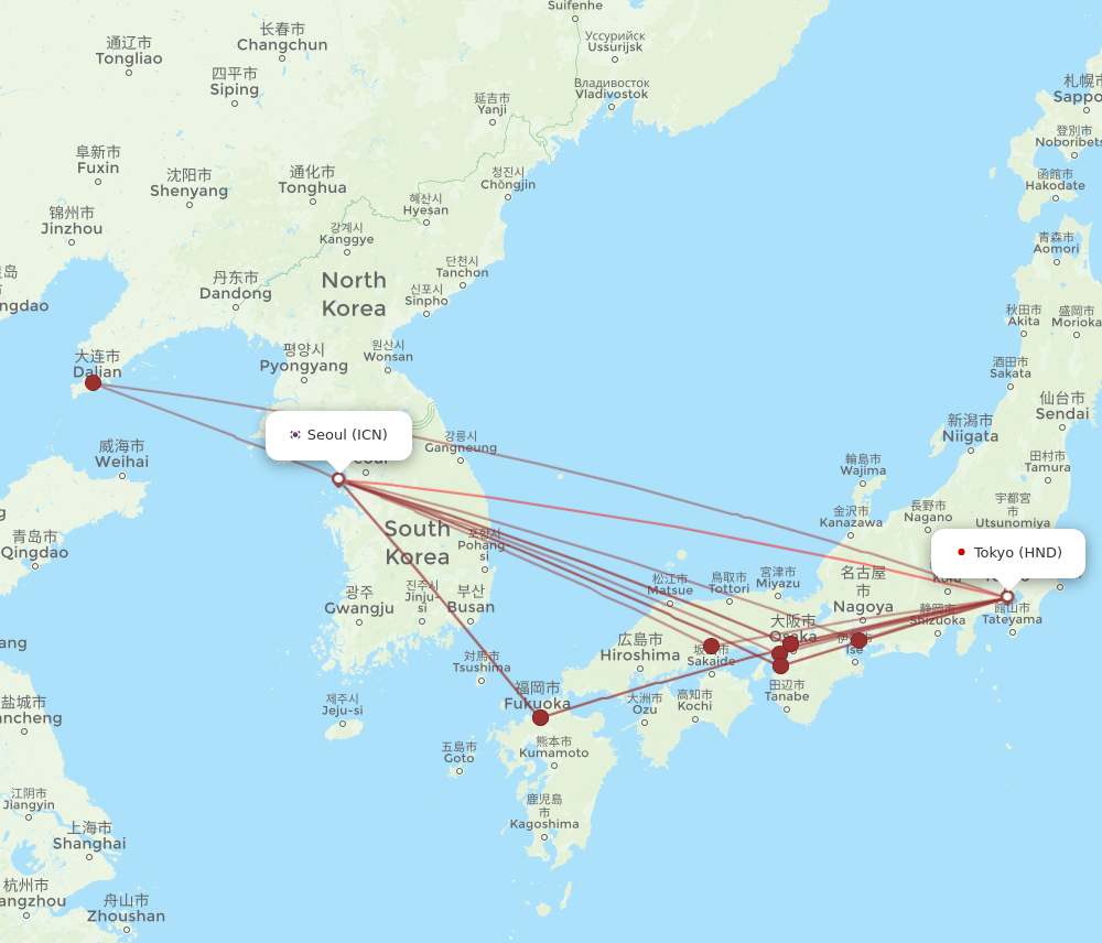 Flights from Tokyo to Seoul HND to ICN Flight Routes