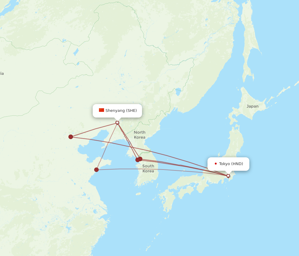 HND to SHE flights and routes map