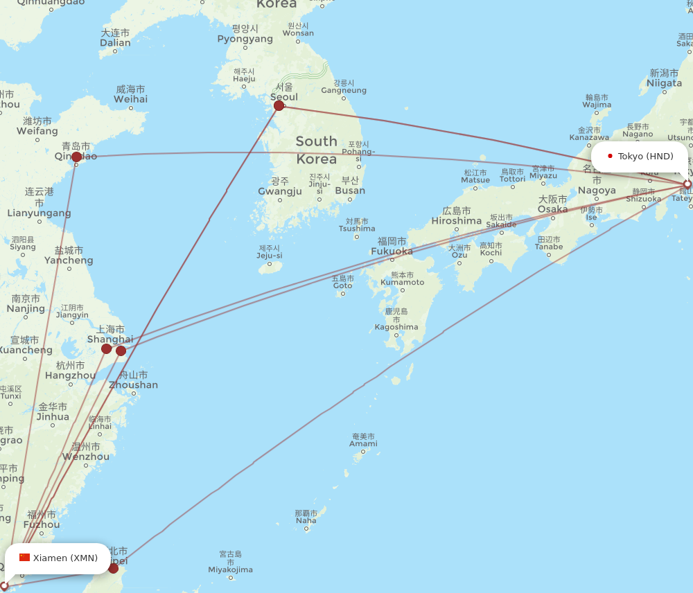 HND to XMN flights and routes map