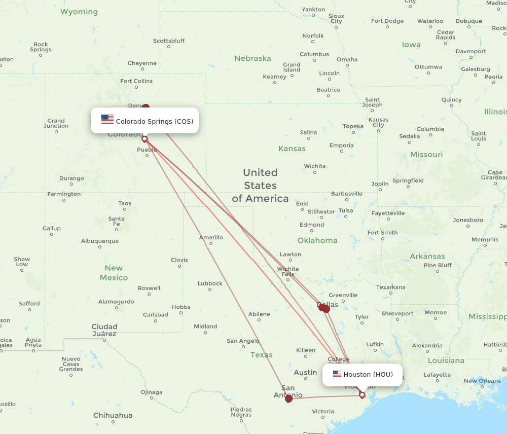 Flights from Houston to Colorado Springs HOU to COS Flight Routes