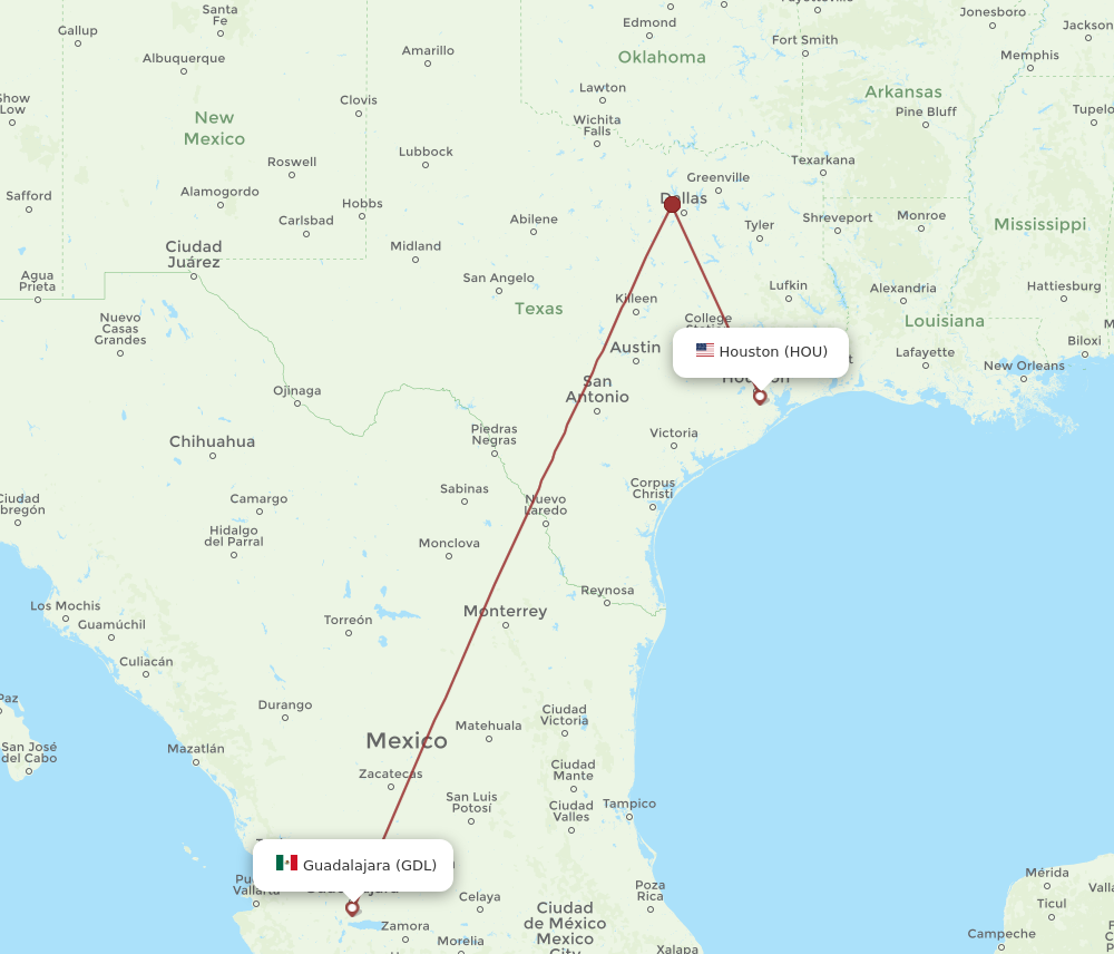 All flight routes from Houston to Guadalajara, HOU to GDL - Flight Routes