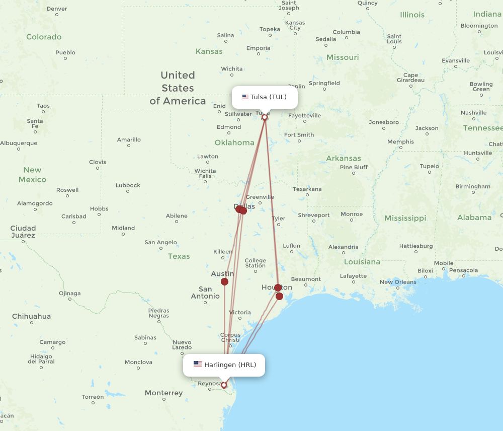 Flights from Harlingen to Tulsa HRL to TUL Flight Routes