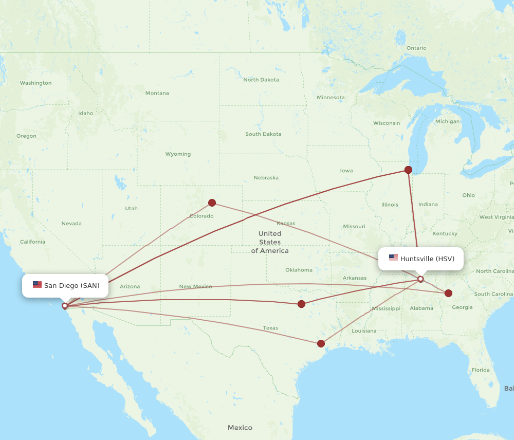 All flight routes from Huntsville to San Diego, HSV to SAN - Flight Routes