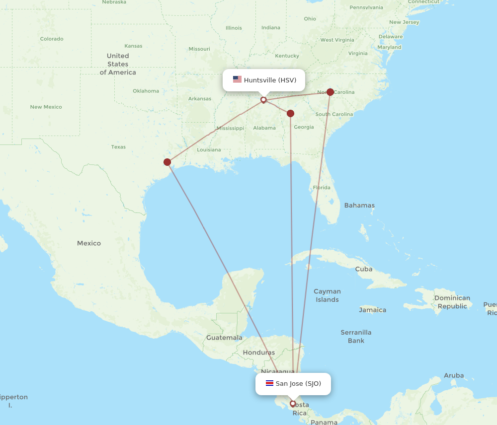 Flights from Huntsville to San Jose, HSV to SJO - Flight Routes