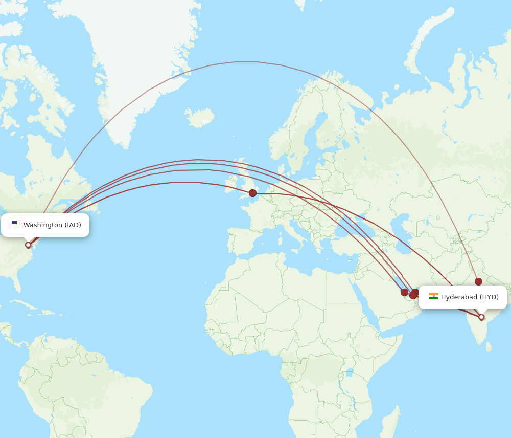 All flight routes from Hyderabad to Dulles, HYD to IAD - Flight Routes