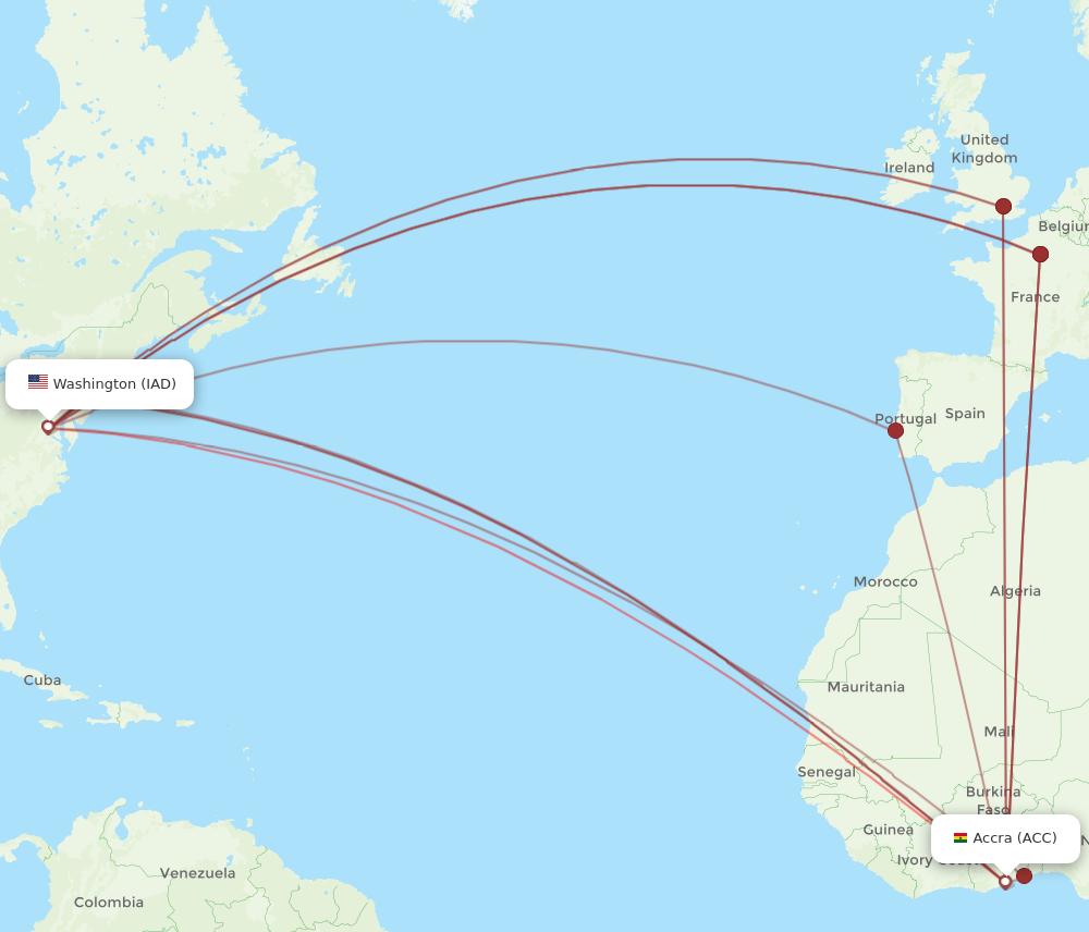 All flight routes from Dulles to Accra, IAD to ACC - Flight Routes