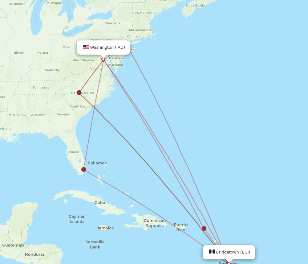 All flight routes from Dulles to Bridgetown, IAD to BGI - Flight Routes