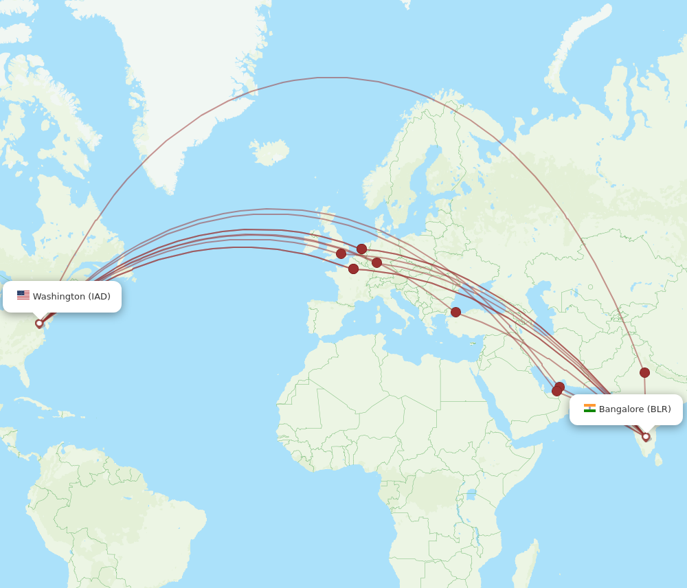 All flight routes from Dulles to Bengaluru, IAD to BLR - Flight Routes