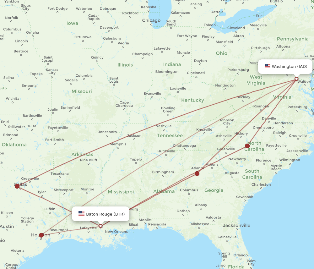 Flights from Dulles to Baton Rouge IAD to BTR Flight Routes