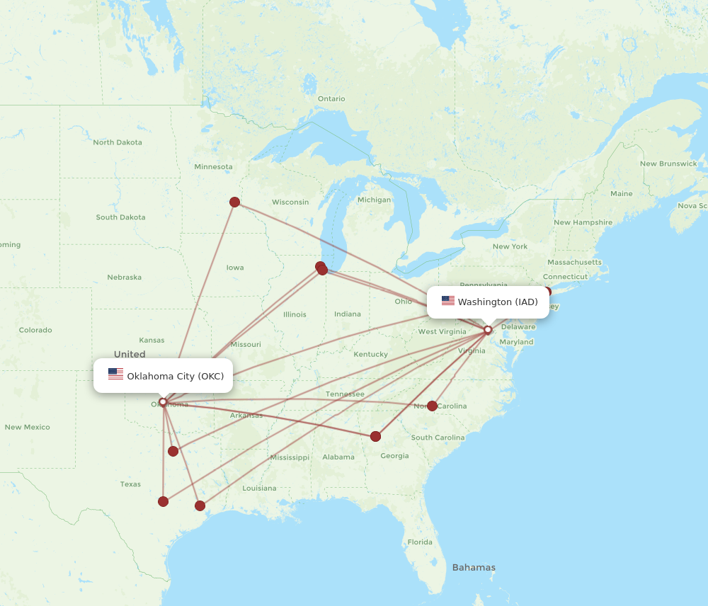 All flight routes from Dulles to Oklahoma City, IAD to OKC - Flight Routes