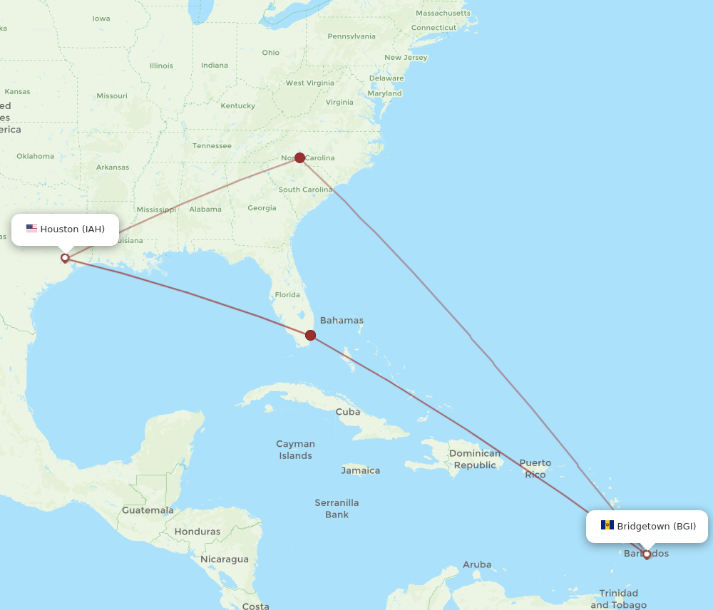 All flight routes from Houston to Bridgetown, IAH to BGI - Flight Routes