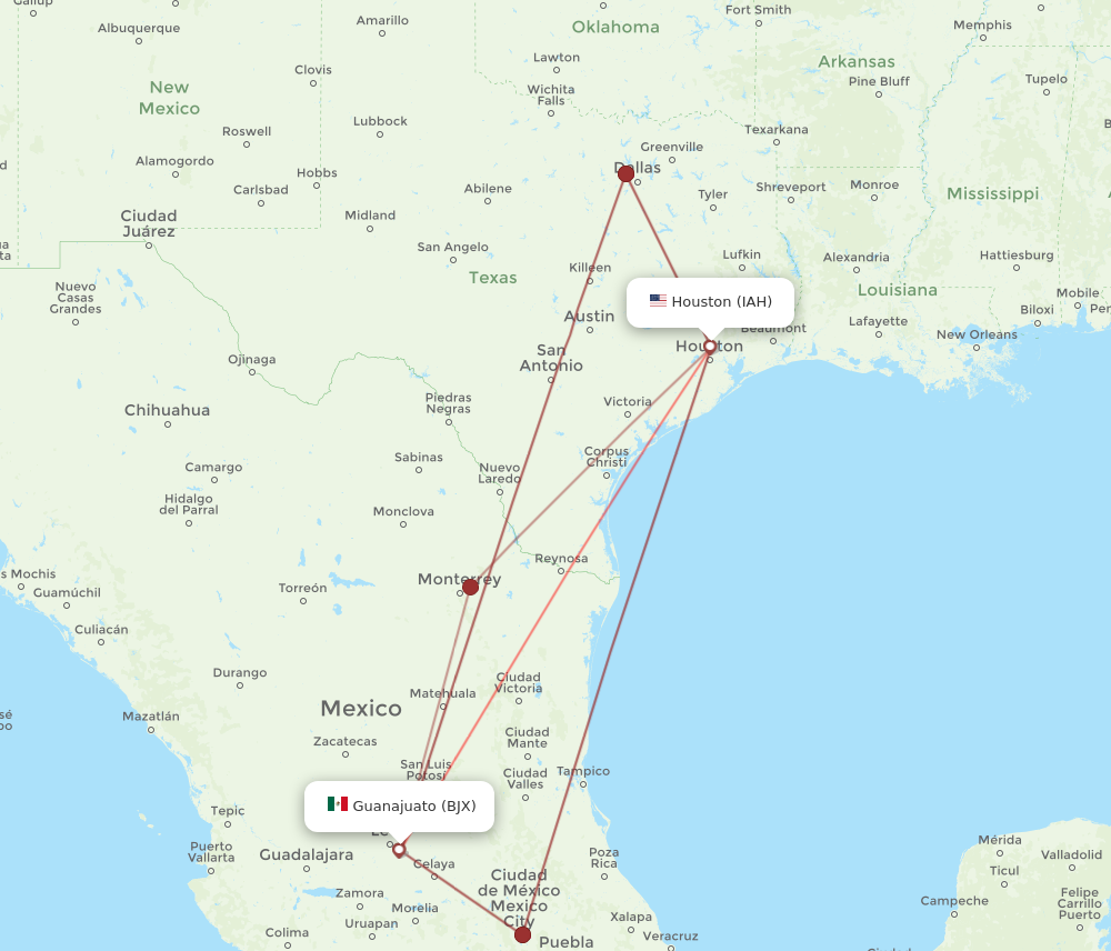 Flights from Houston to Leon Guanajuato IAH to BJX Flight Routes