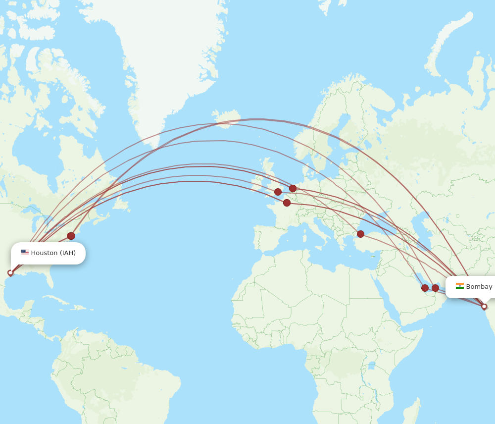 All flight routes from Houston to Mumbai, IAH to BOM - Flight Routes