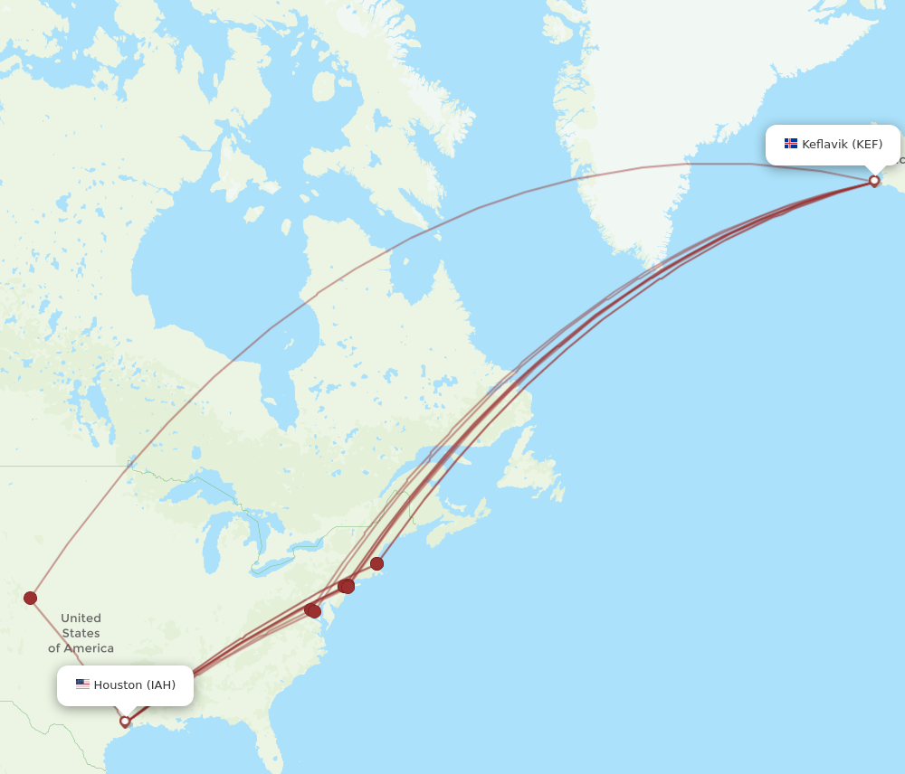 IAH to KEF flights and routes map