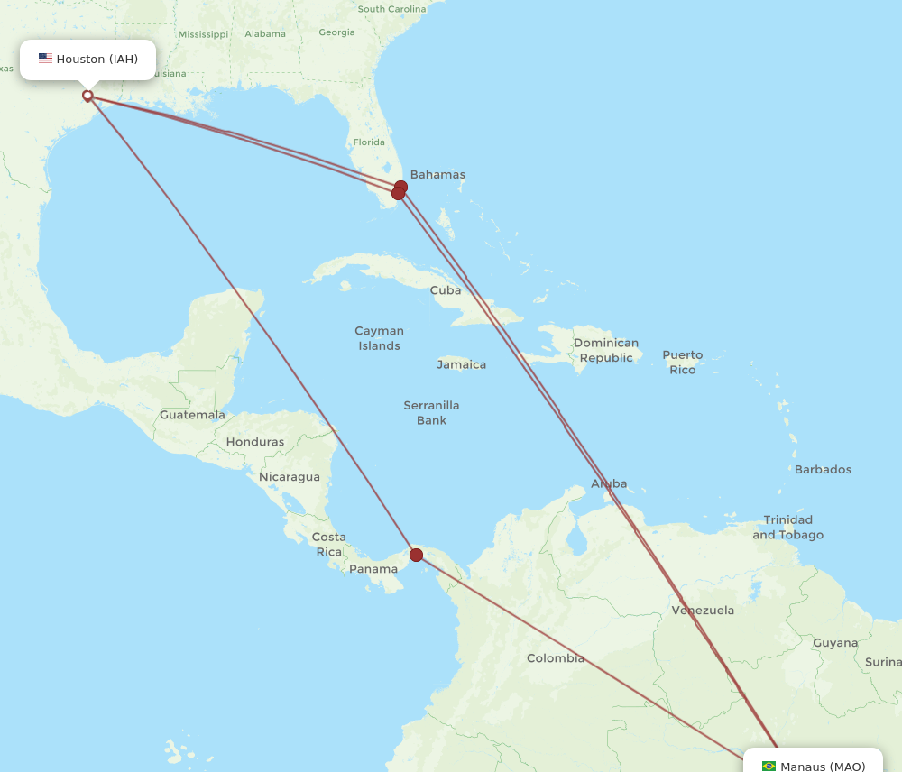 All flight routes from Houston to Manaus, IAH to MAO - Flight Routes