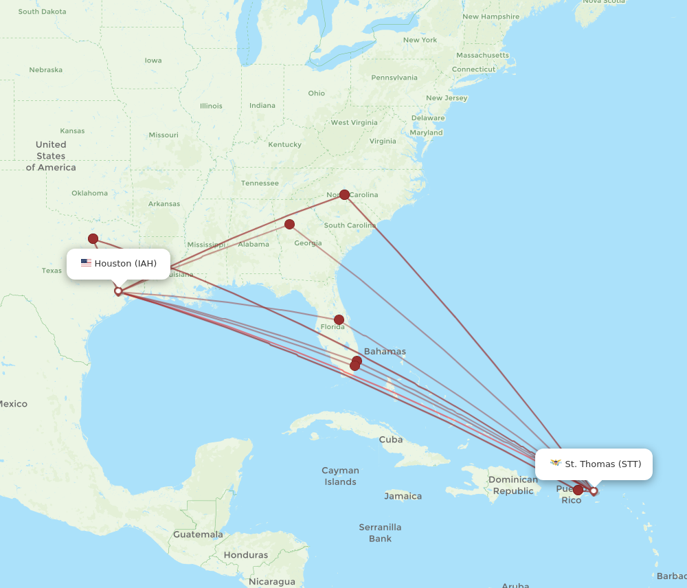 All flight routes from Houston to Saint Thomas, IAH to STT - Flight Routes