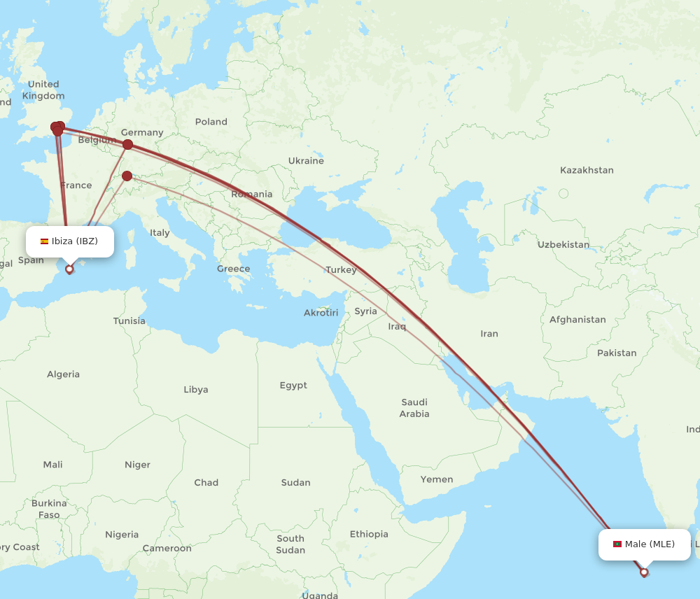 All flight routes from Ibiza to Male, IBZ to MLE - Flight Routes