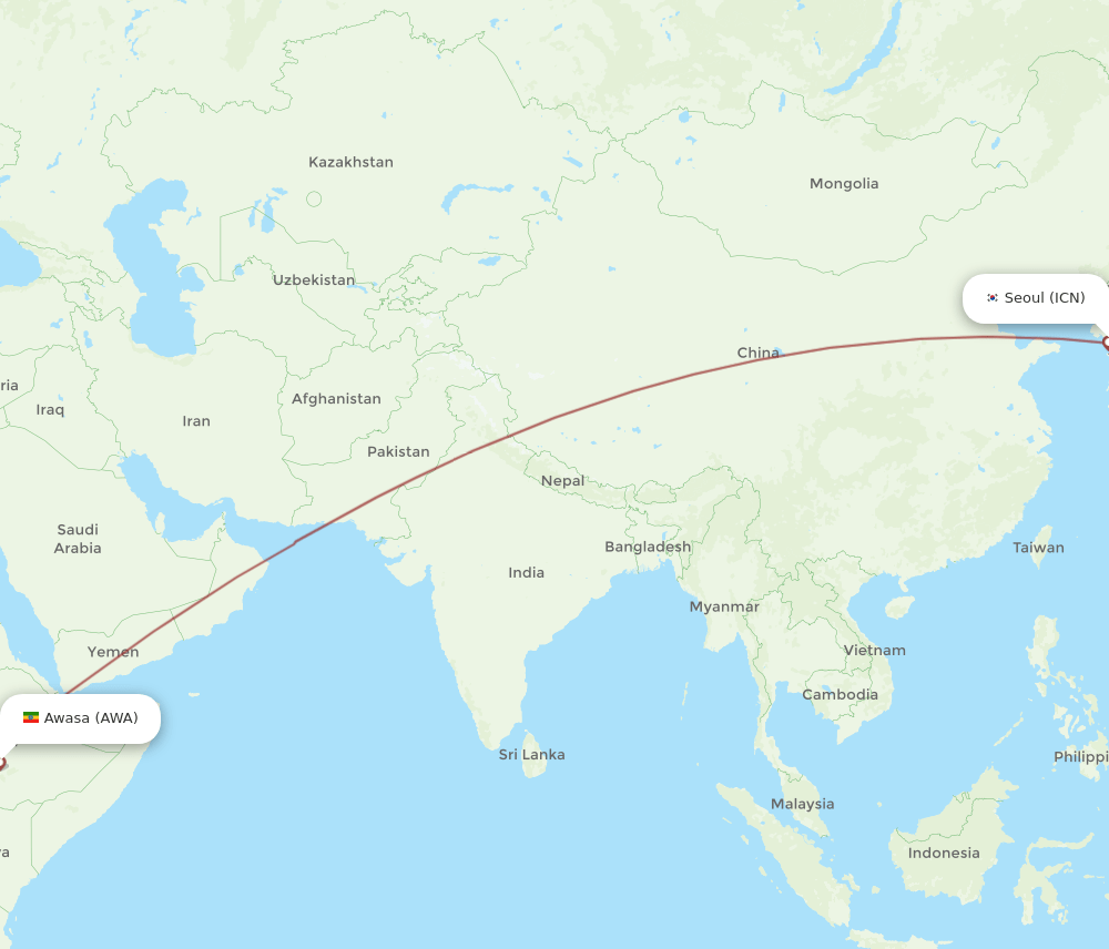 All Flight Routes From Seoul To Awasa Icn To Awa Flight Routes 0314