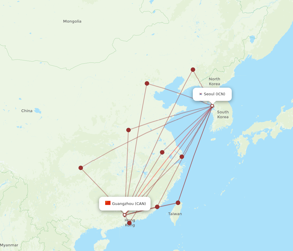 ICN to CAN flights and routes map