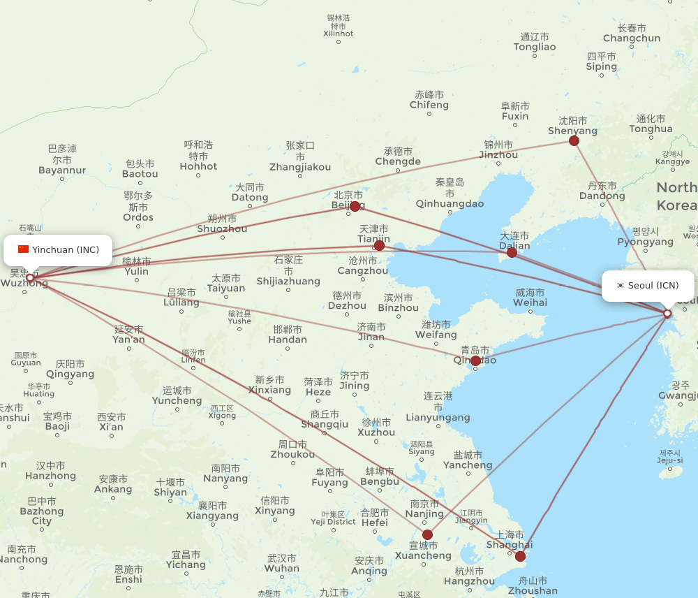 All Flight Routes From Seoul To Yinchuan Icn To Inc Flight Routes 9465