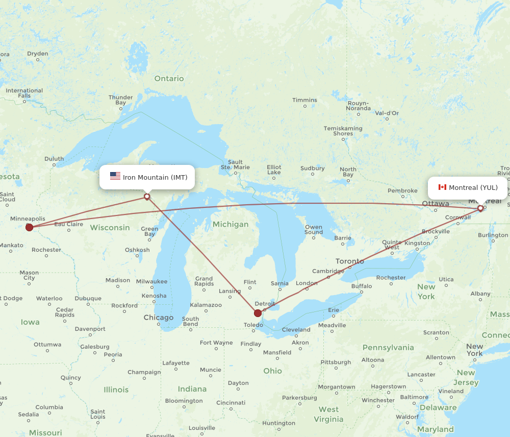 Flights from Iron Mountain to Montreal, IMT to YUL - Flight Routes