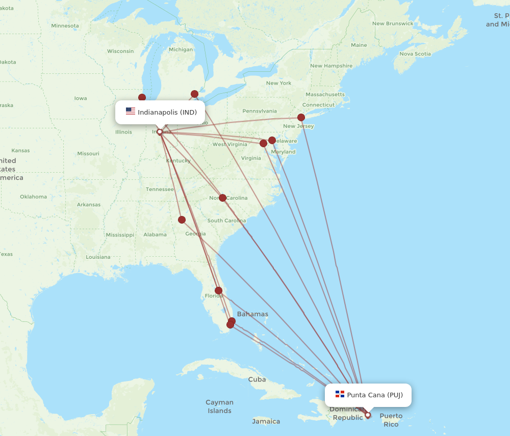 All flight routes from Indianapolis to Punta Cana, IND to PUJ - Flight ...