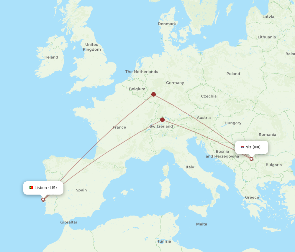 Flights from Nis to Lisbon INI to LIS Flight Routes