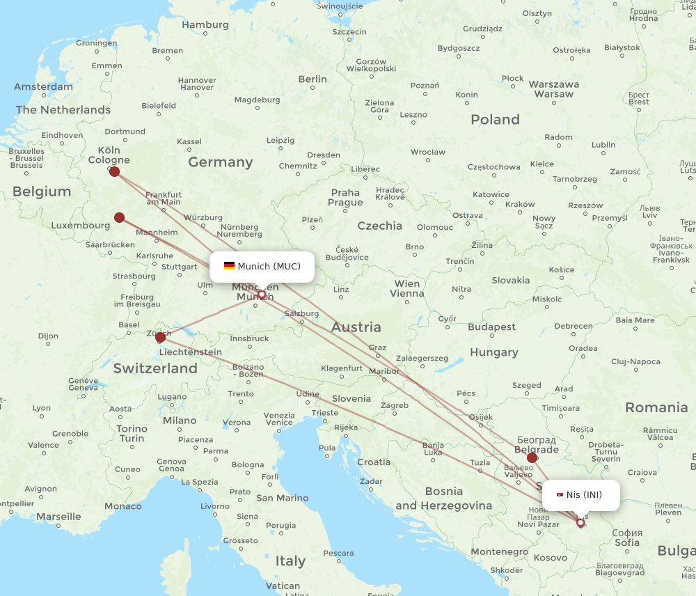 All flight routes from Nis to Munich, INI to MUC - Flight Routes