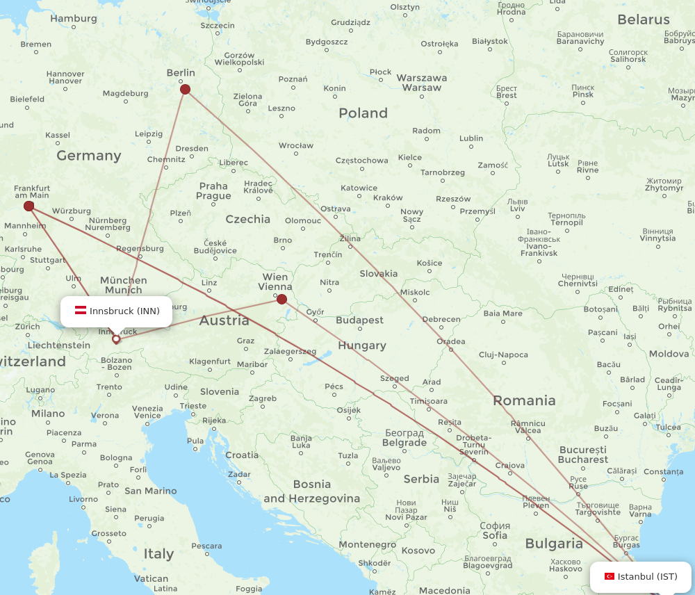 All flight routes from Istanbul to Innsbruck, IST to INN - Flight Routes